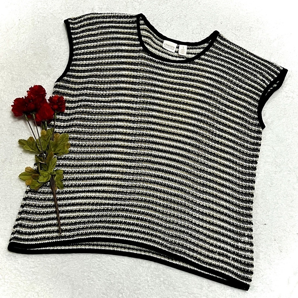 Chico's Metallic Crocheted Zig-Zag Striped Top - Size 1/Medium